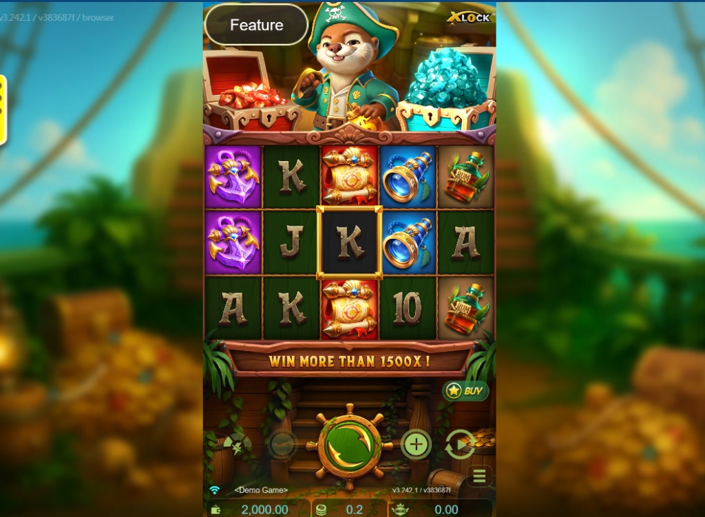 Base game interface of Voyage of Blast Raider X-Lock slot showing the Captain Otter wild and 5x3 grid.