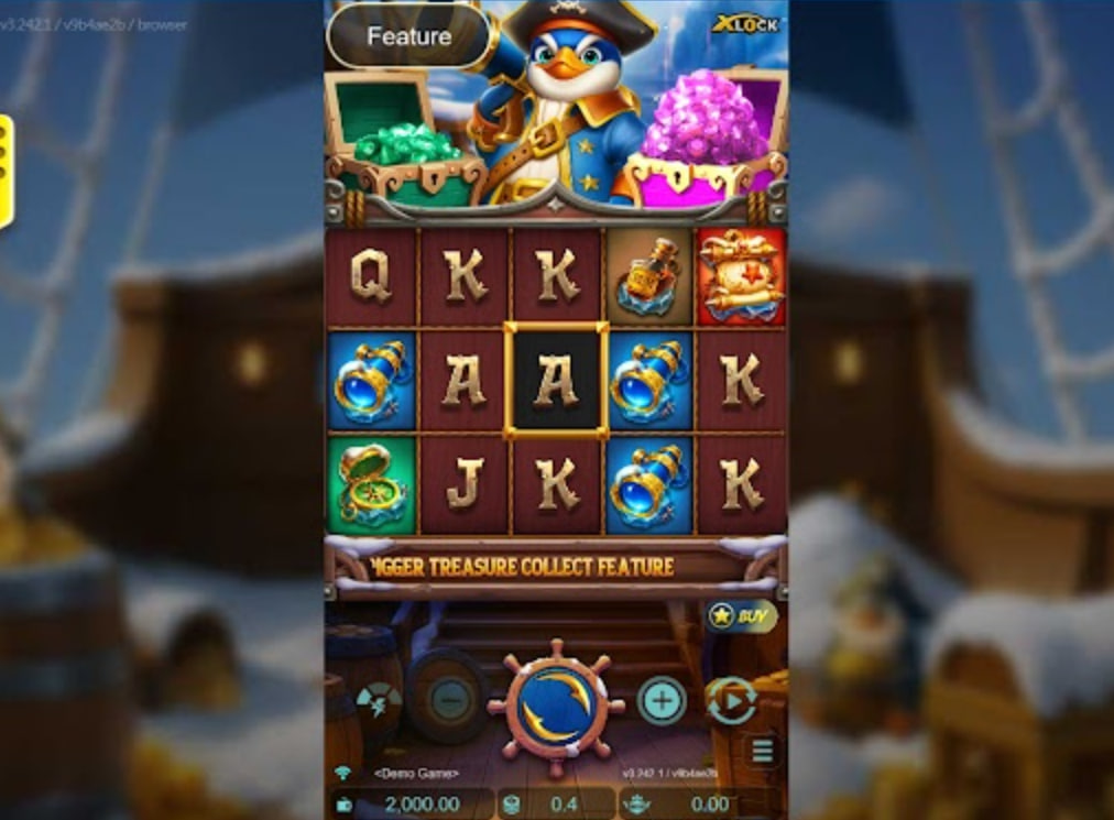 Base game interface of Voyage of Cryo Gunner X-Lock slot showing the 5x3 grid, Penguin Captain, and snow-covered deck.