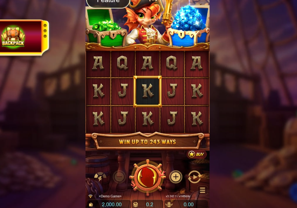 Voyage of Daring Queen X-Lock slot base game interface showing 5 reels, pirate character, and treasure chests.
