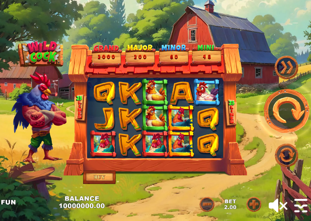 The 5x3 reel layout of the Wild Cock slot game, showing the main rooster character and the four fixed jackpots, giving players a clear view of the game's interface.