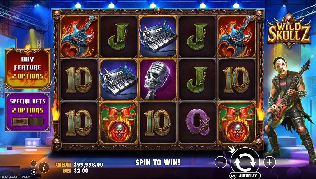 The 5x3 game grid of the Wild Skullz slot, showing the heavy-metal themed symbols on a concert stage, illustrating the starting point for players in the demo.