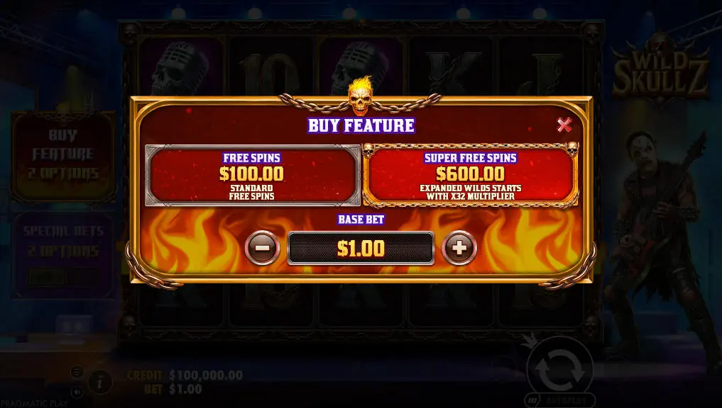 The Bonus Buy feature menu in Wild Skullz, presenting players with the choice between a 100x standard buy and a 600x Super Buy for enhanced features.