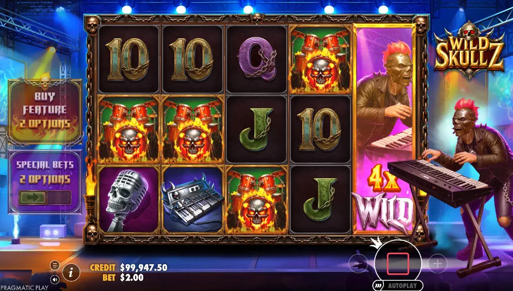An expanding wild symbol covering the fifth reel of Wild Skullz, demonstrating how it connects symbols to form a win across the 243 ways system.