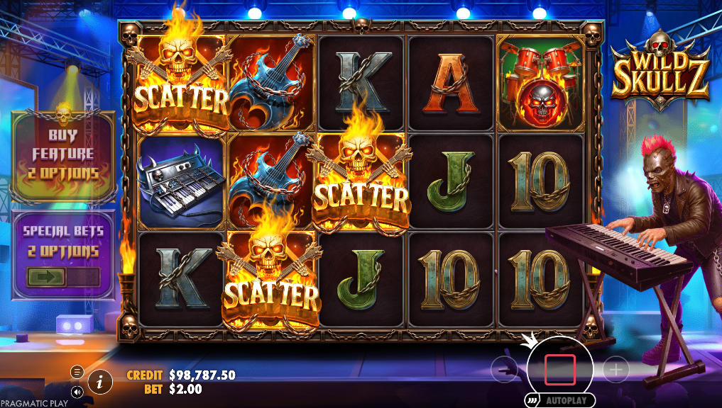 Three flaming skull Scatter symbols on the reels of Wild Skullz, signaling the trigger of the Roaming Rockstar Free Spins bonus round, the game's main feature.