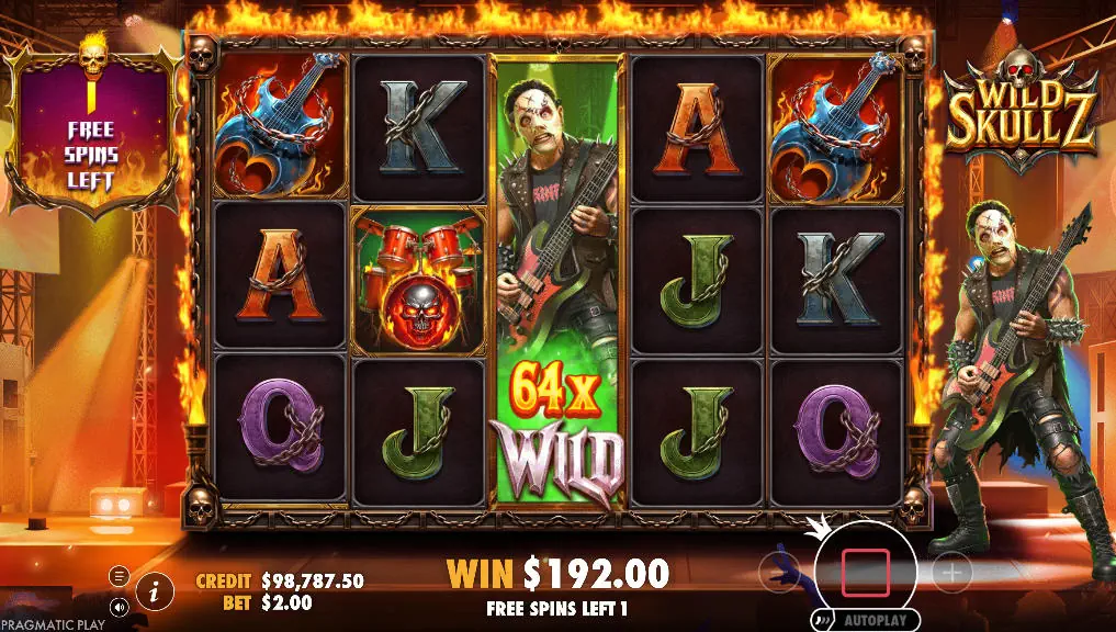 The Roaming Rockstar Wild with a 64x multiplier active on the third reel during the Wild Skullz bonus feature, showcasing the massive win potential.