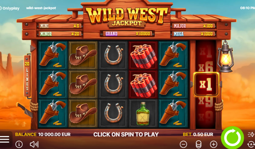 Wild West Jackpot slot base game interface showing 5x3 grid and multiplier reel.