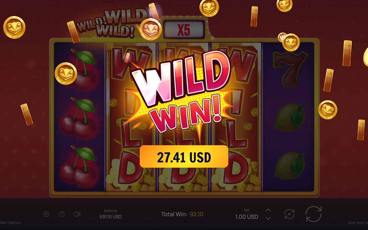 The peak bonus moment in Wild! Wild! WILD! with three central wild reels and an x5 multiplier creating a large payout.