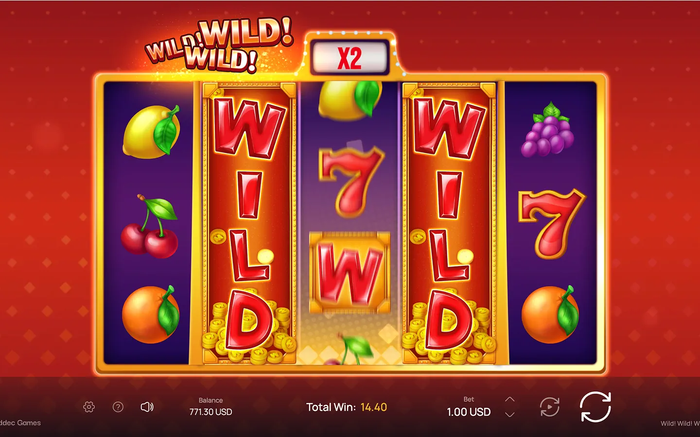 A winning combination in Wild! Wild! WILD! with two full sticky wild reels and the x2 multiplier actively boosting the payout.