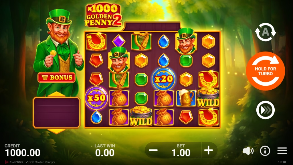 x1000 Golden Penny 2 slot base game featuring 6x5 grid and Irish symbols.