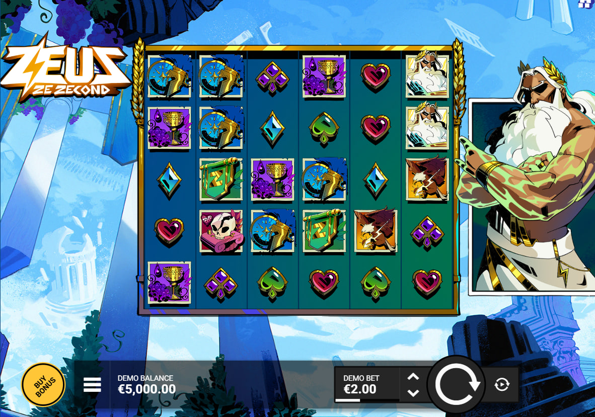 Main 6x5 grid of Zeus Ze Zecond slot with the rockstar Zeus character which helps players visualize the comic-book aesthetic.