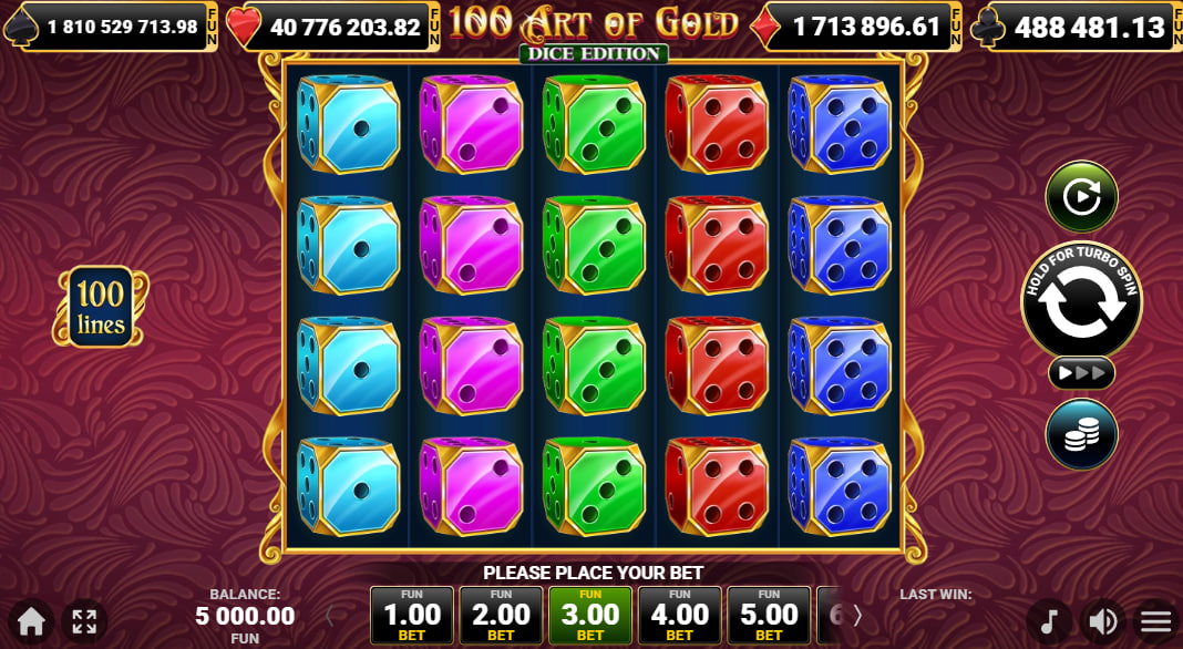 The main game screen of 100 Art of Gold Dice Edition slot showing the 5x4 reel layout and dice symbols, illustrating the game's classic theme for the player.