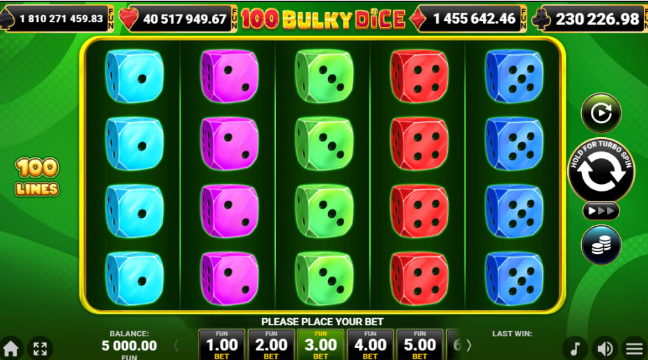 The main 5x4 game grid of the 100 Bulky Dice slot, showing the colorful dice symbols and player interface before a spin.
