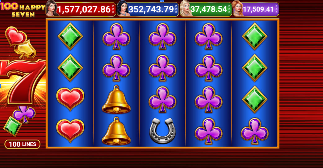 The main 5x4 game grid of the 100 Happy Seven slot, showing a winning combination with classic symbols and the red seven wild.