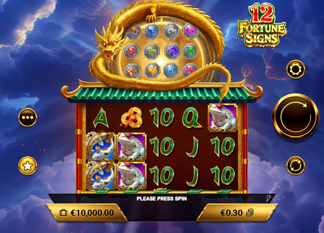 12 Fortune Signs main game interface showing the 5-reel grid and the twelve animal amulets positioned above the reels for tracking soul fragments.