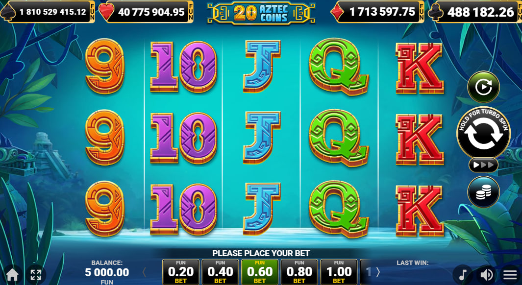 The main 5x3 game board of 20 Aztec Coins slot, displaying Aztec-themed symbols and the four progressive jackpot totals at the top.