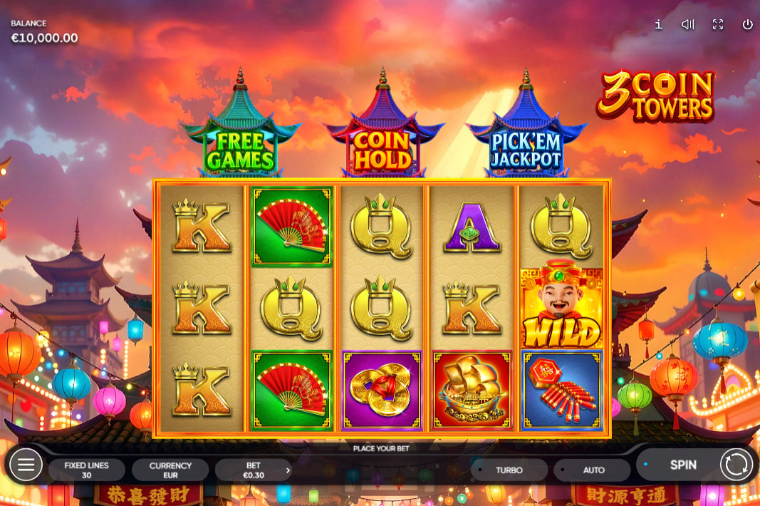 3 Coin Towers main game screen showing the five reels and the three bonus towers above the interface.