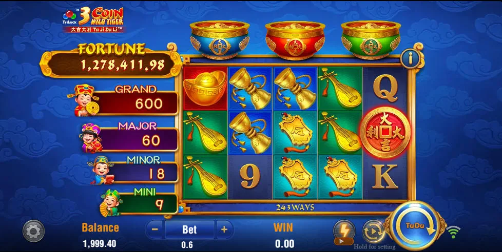3 Coin Wild Tiger main game screen featuring 5x3 reels and three colored fortune pots for bonus tracking.