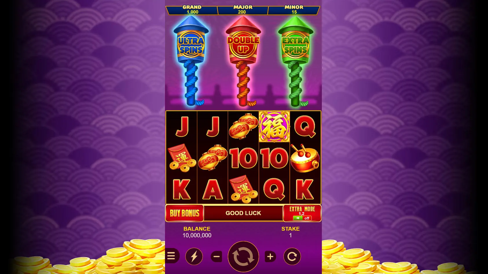 Base game grid of 3 Combo Lucky Crackers showing the Fu Wild symbol and the three firecracker collection meters above the reels for tracking bonus triggers.