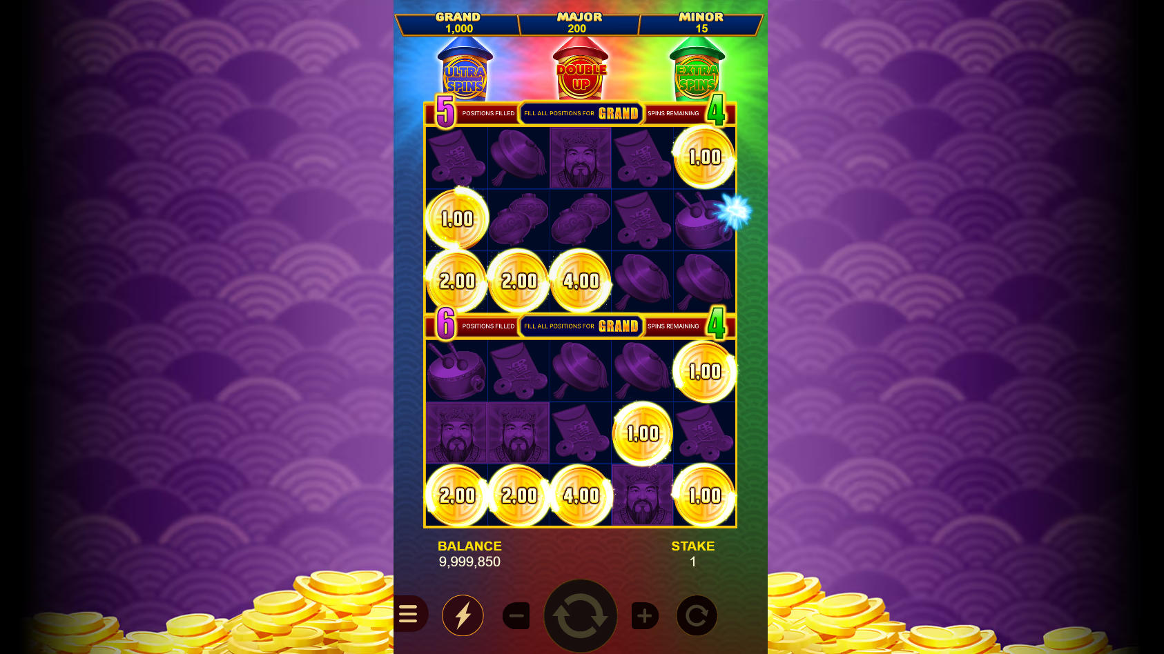 Double Up bonus feature displaying two independent 5x3 matrices with locking coin symbols and a 3-spin reset counter.