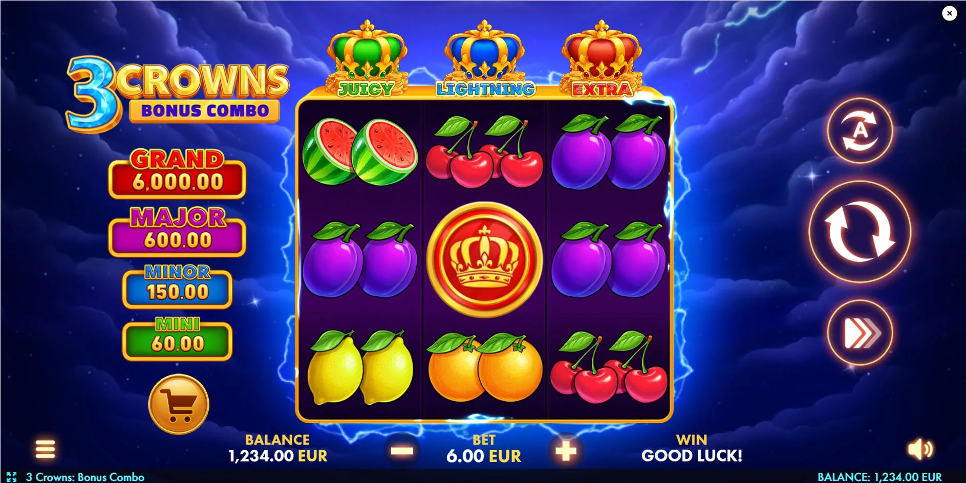 Main 3x3 grid of 3 Crowns Bonus Combo slot showing fruit symbols and the three feature crowns at the top of the interface.