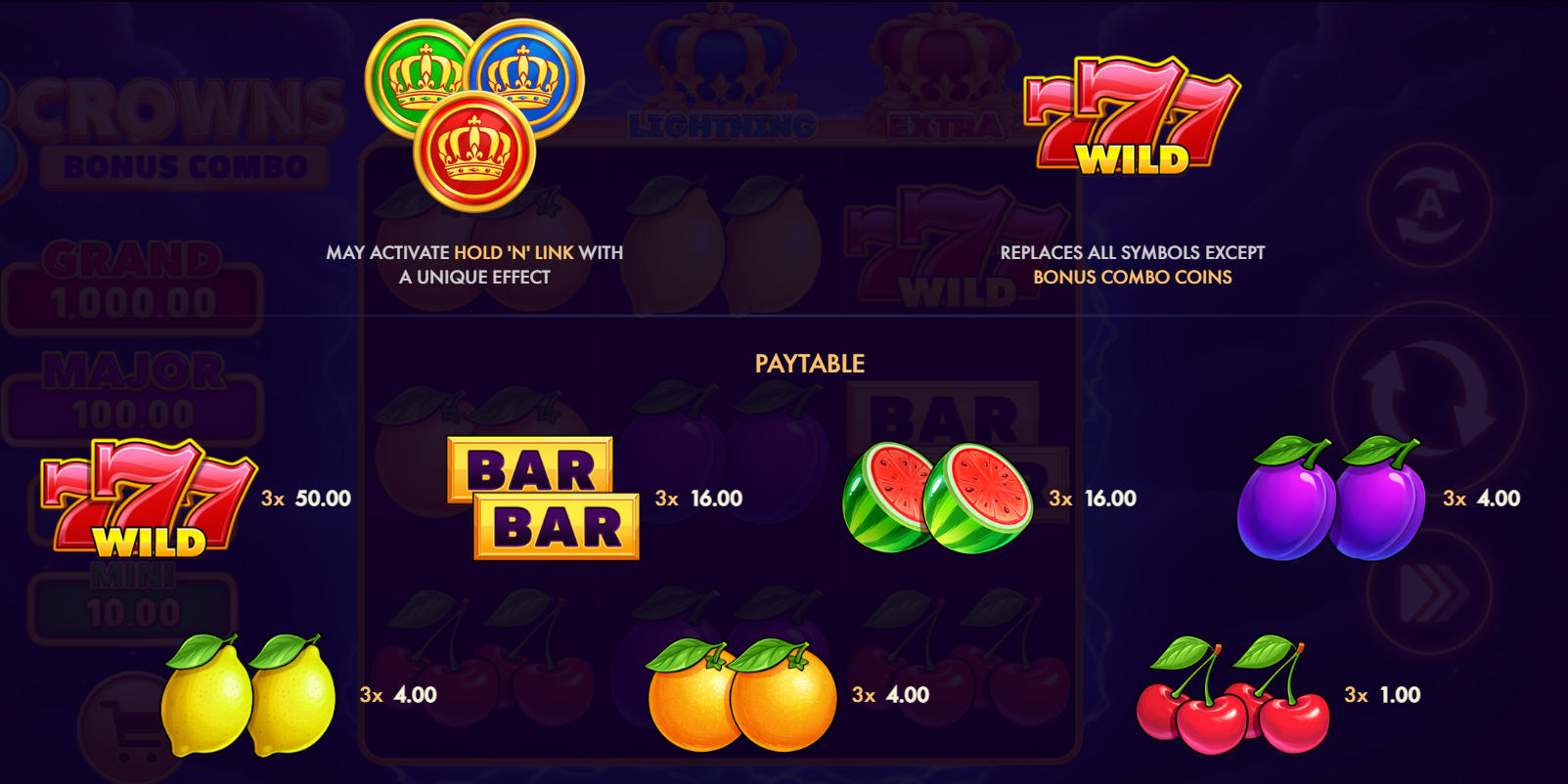 3 Crowns Bonus Combo paytable at 1 euro bet showing Wilds paying 50x and BAR symbols 16x, helping players assess base game winning potential.