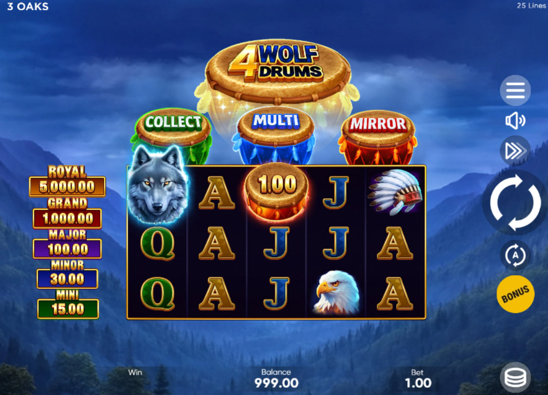 The base game screen of the 4 Wolf Drums slot showing the 5x3 reel layout and the five fixed jackpot values displayed on the left for the player.