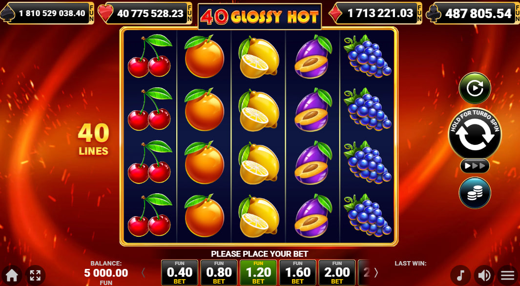 A winning payline of Grape symbols on the 5x4 grid of the 40 Glossy Hot slot, demonstrating a standard payout from the base game.