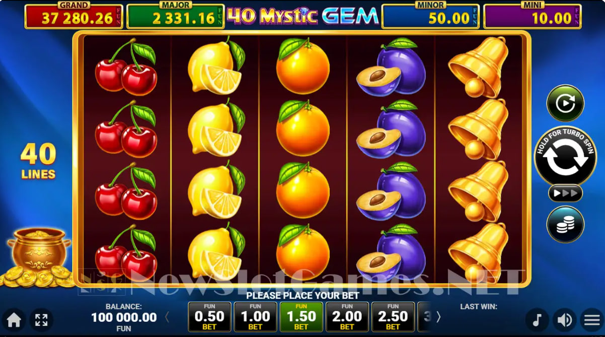 The main game screen of 40 Mystic Gem slot showing the 5x4 reel layout, fruit symbols, and the four jackpot tickers at the top.