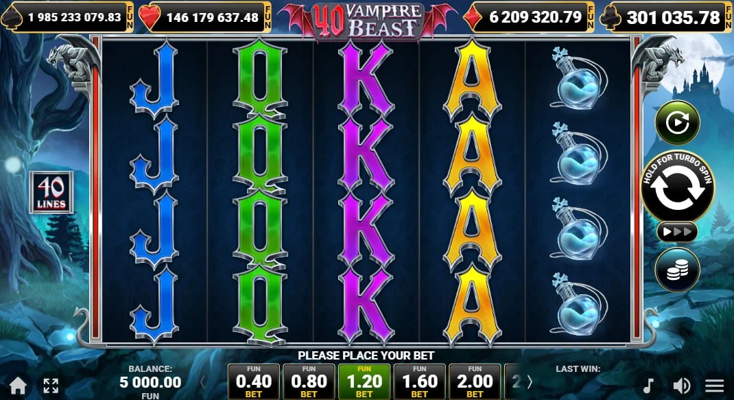 40 Vampire Beast slot main 5x4 grid featuring gothic vampire symbols and 40 fixed paylines for potential winning combinations