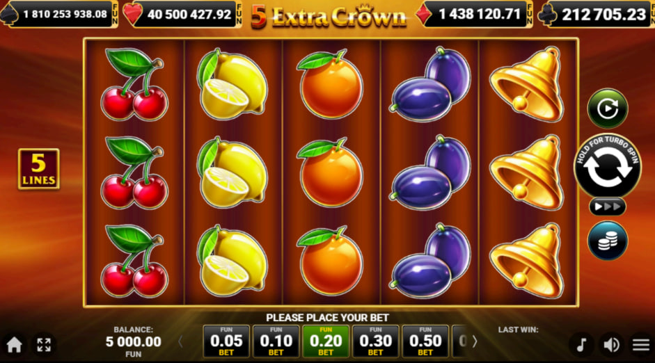 The 5x3 reel layout of the 5 Extra Crown slot, displaying classic fruit and bell symbols during normal gameplay, showing the game's simple interface.