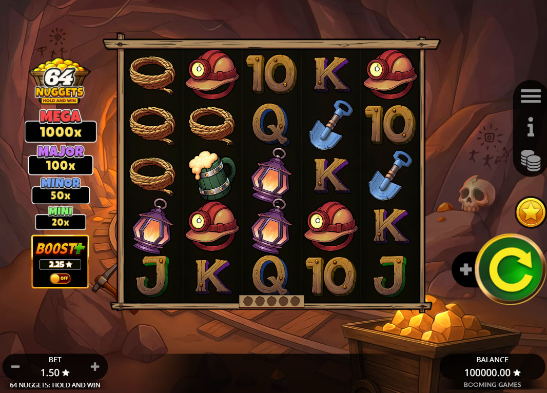 64 Nuggets Hold and Win base game 5x5 grid in a dark mine cavern with symbols like helmets and lanterns for payline identification.