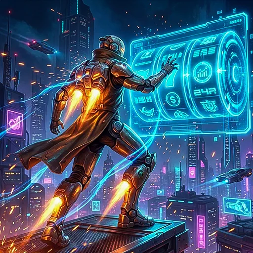 A cyborg interacting with a holographic slot machine in a futuristic setting, representing the collection of technology-themed demo slots on the page