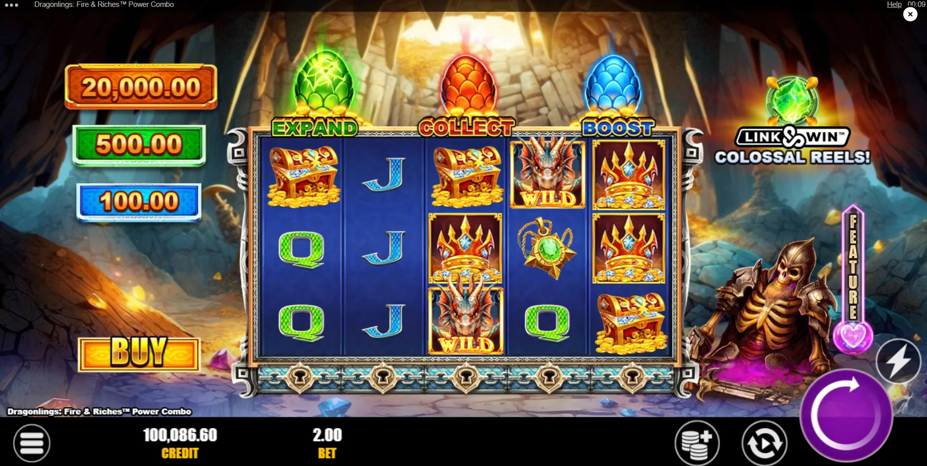 Base game grid of Dragonlings Fire and Riches Power Combo showing the Treasure Vault meter, Dragon Queen Wilds, and the three colored scatter eggs