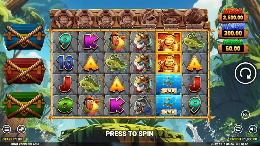 The title screen for the King Kong Splash slot, featuring a cartoon King Kong and the game's logo, establishing the game's central jungle adventure theme.