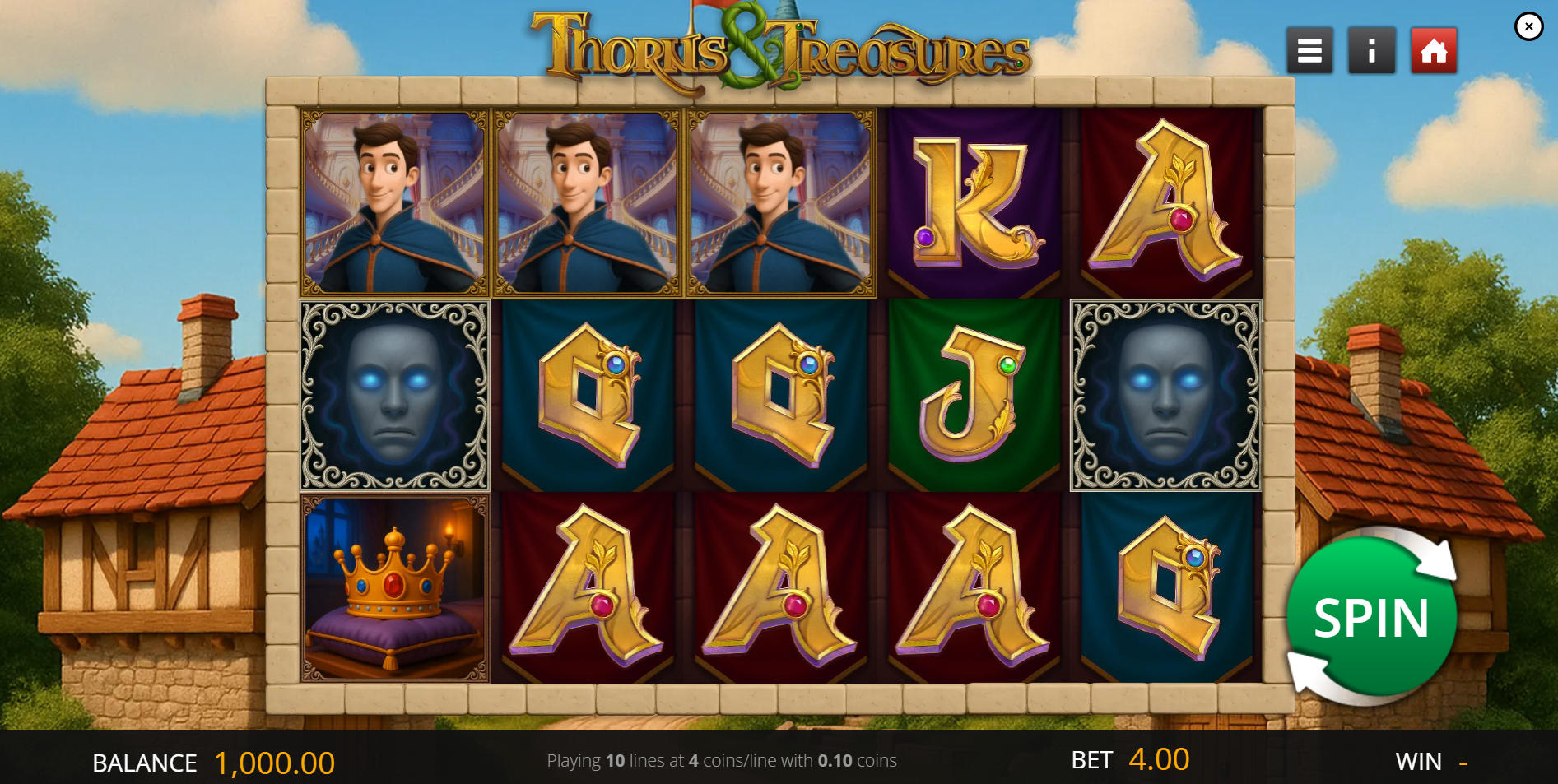The base game of the Thorns & Treasures slot displaying the 5x3 reel grid, fantasy-themed character symbols, and the user interface, demonstrating the game's core layout.