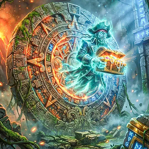 An Aztec calendar wheel and a spectral pirate captain with a treasure chest, set in a jungle temple, representing the discovery and adventure in Treasure-themed slots.