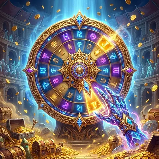 A glowing, golden Wheel of Fortune in a treasure-filled arena, illustrating the exciting bonus feature central to the Wheel of Fortune themed slots page