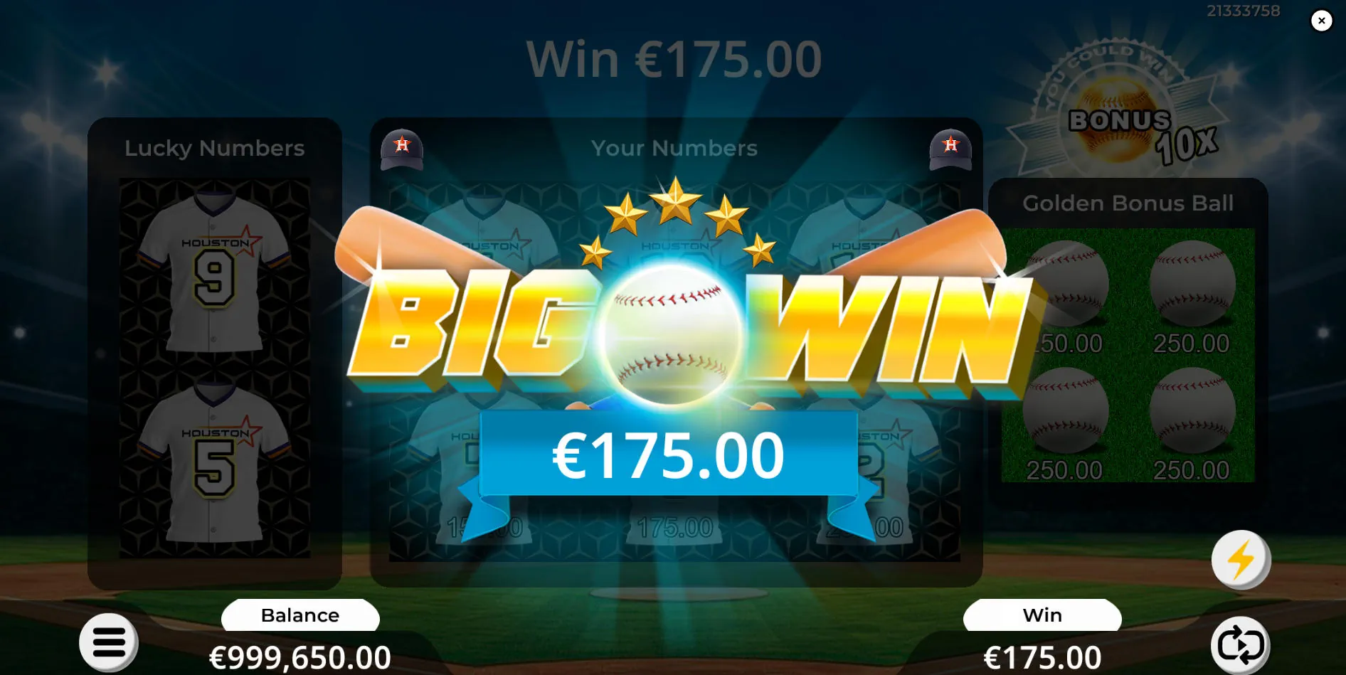 A winning match in American Home Run Scratch displaying a $175 prize under a Houston jersey next to the Lucky Numbers panel.