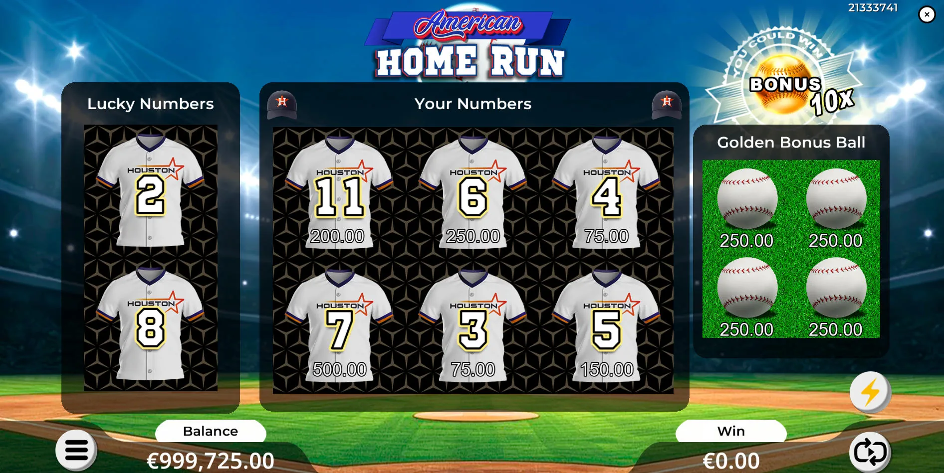 A fully revealed losing ticket in American Home Run Scratch displaying mismatched jersey numbers and a zero balance in the win column.