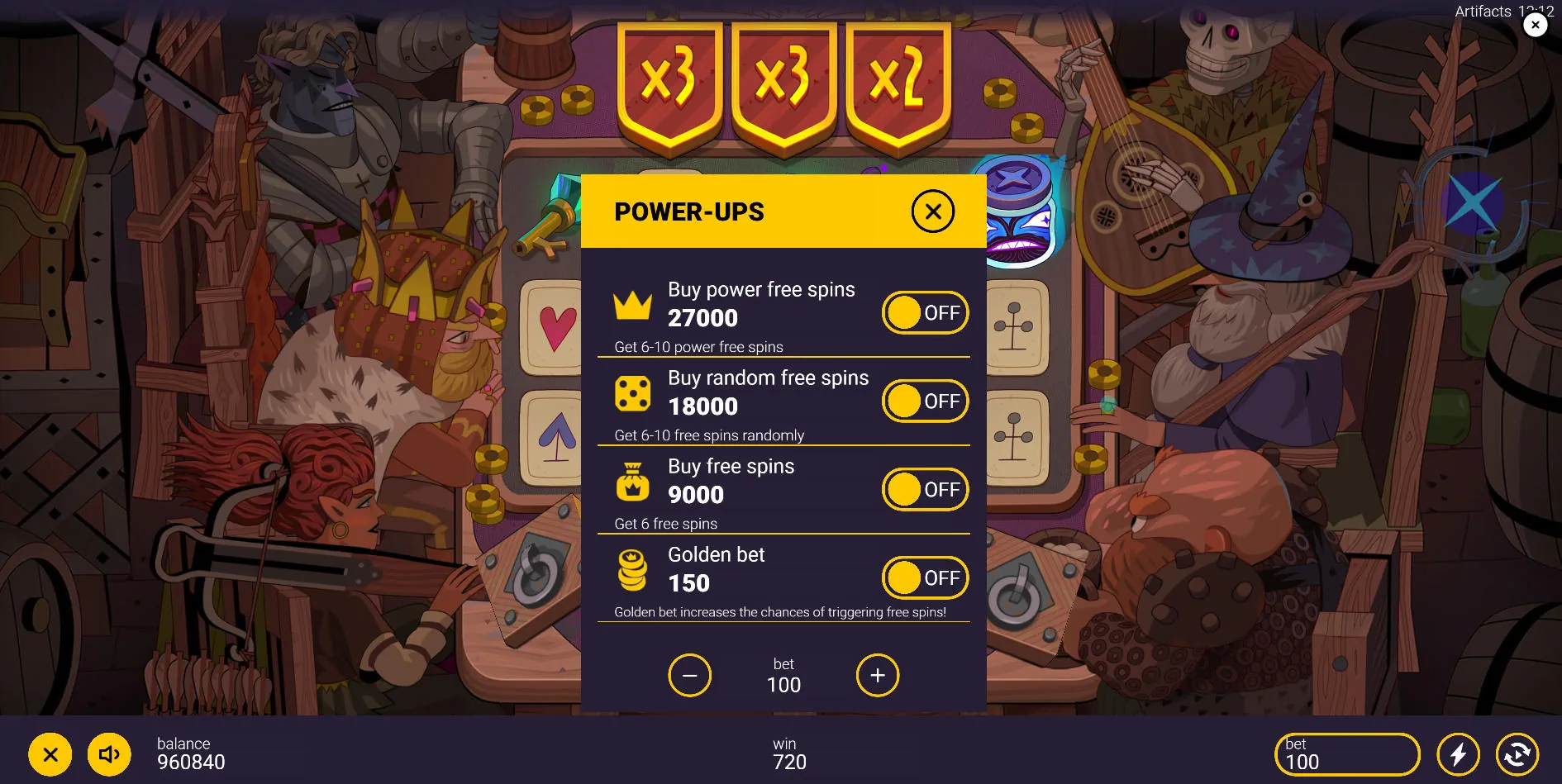 The multi-tiered bonus buy menu in Artifacts slot, showing players the exact costs and risks associated with standard and Power Free Spins.