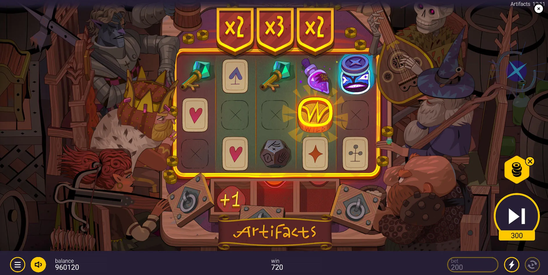 A winning Golden Symbol outlined on the Artifacts slot grid, demonstrating how the mechanic transforms symbols into Wilds for the next cascade.