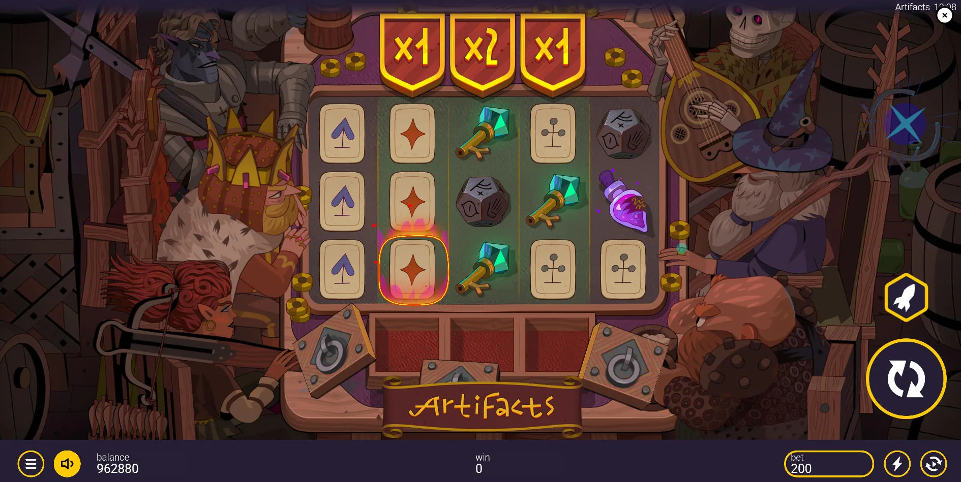 The medieval tavern base game of Artifacts slot with characters and a 5x3 grid, showing players the overall visual layout and the UI elements.