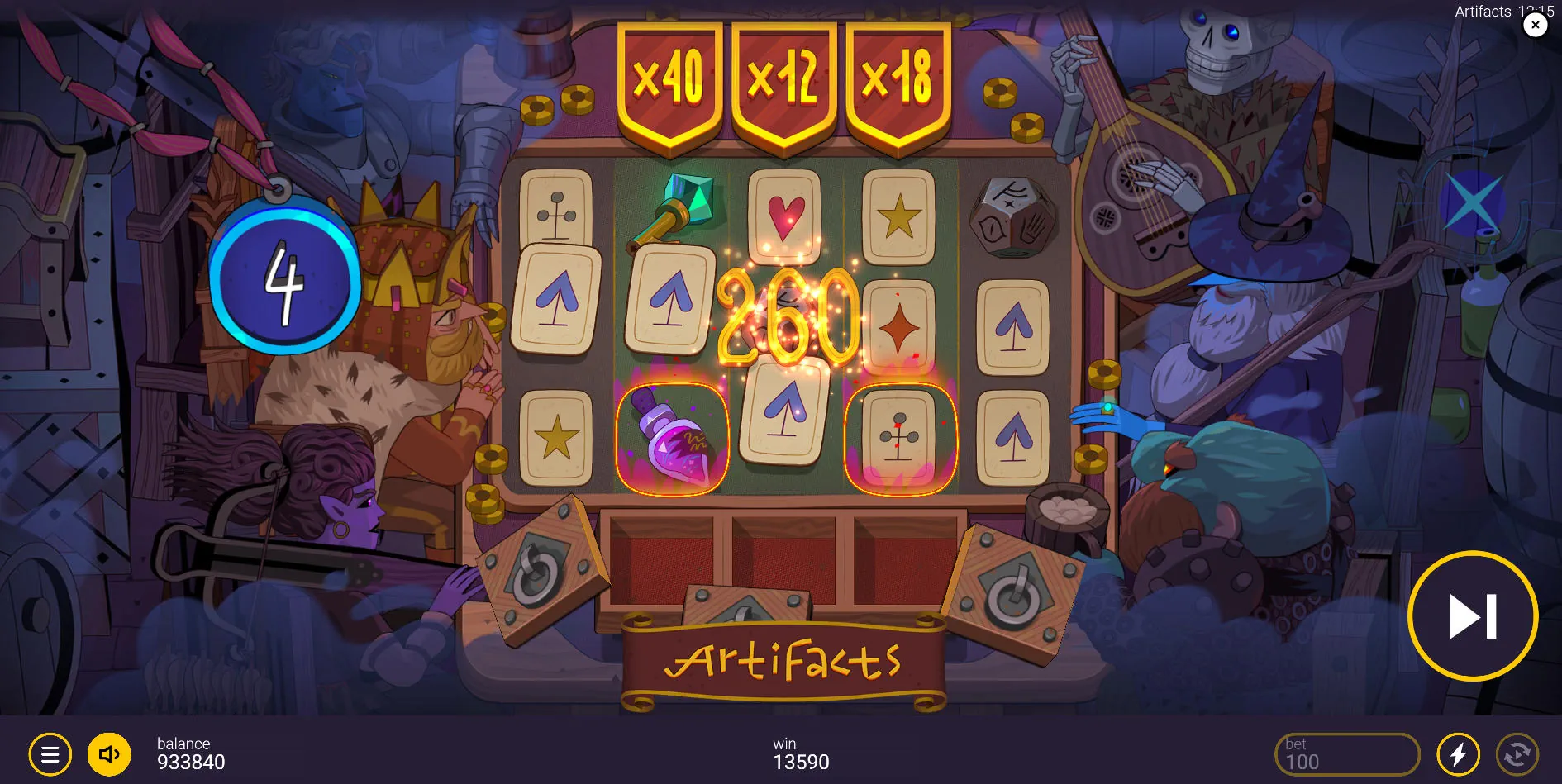 Active Power Free Spins round in Artifacts slot with huge persistent multipliers above the reels, highlighting the feature's massive potential.