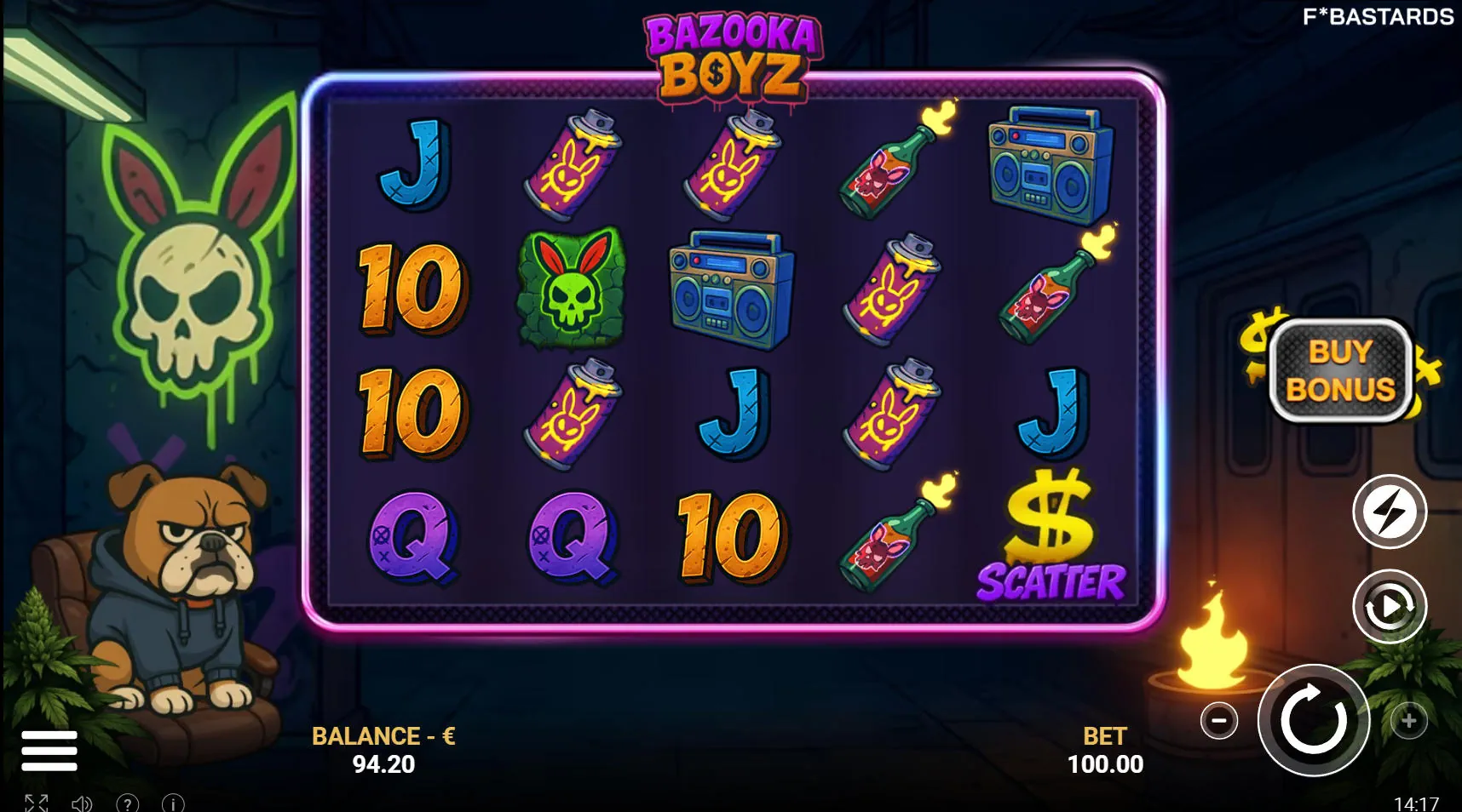 5x4 base game grid of Bazooka Boyz showing a stacked wild bunny character, illustrating the neon urban theme and 12-payline layout for the player.