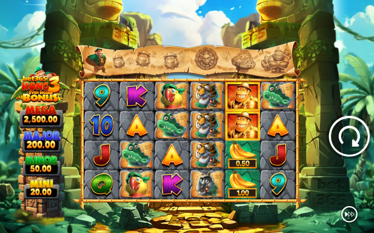 Bet365 Kong 3 Even Bigger Bonus 6x4 game grid showing jungle symbols and four fixed jackpots for player bankroll monitoring.