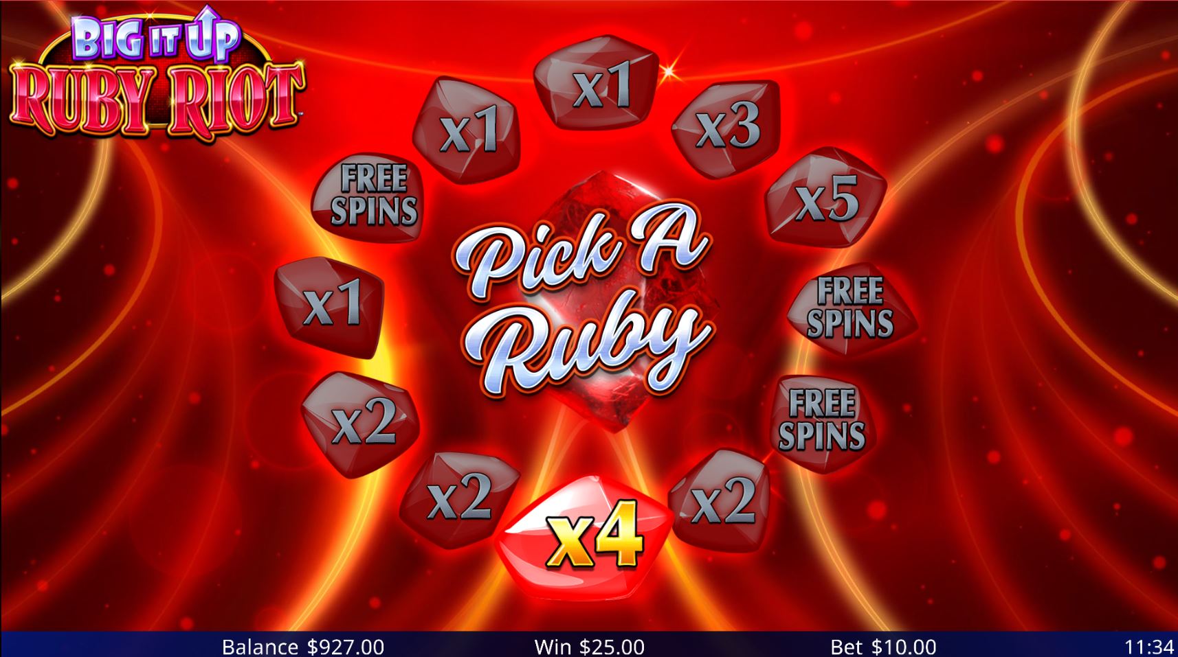 The 'Pick A Ruby' bonus game screen in Big It Up Ruby Riot, offering a choice of gems to reveal cash prizes or free spins.