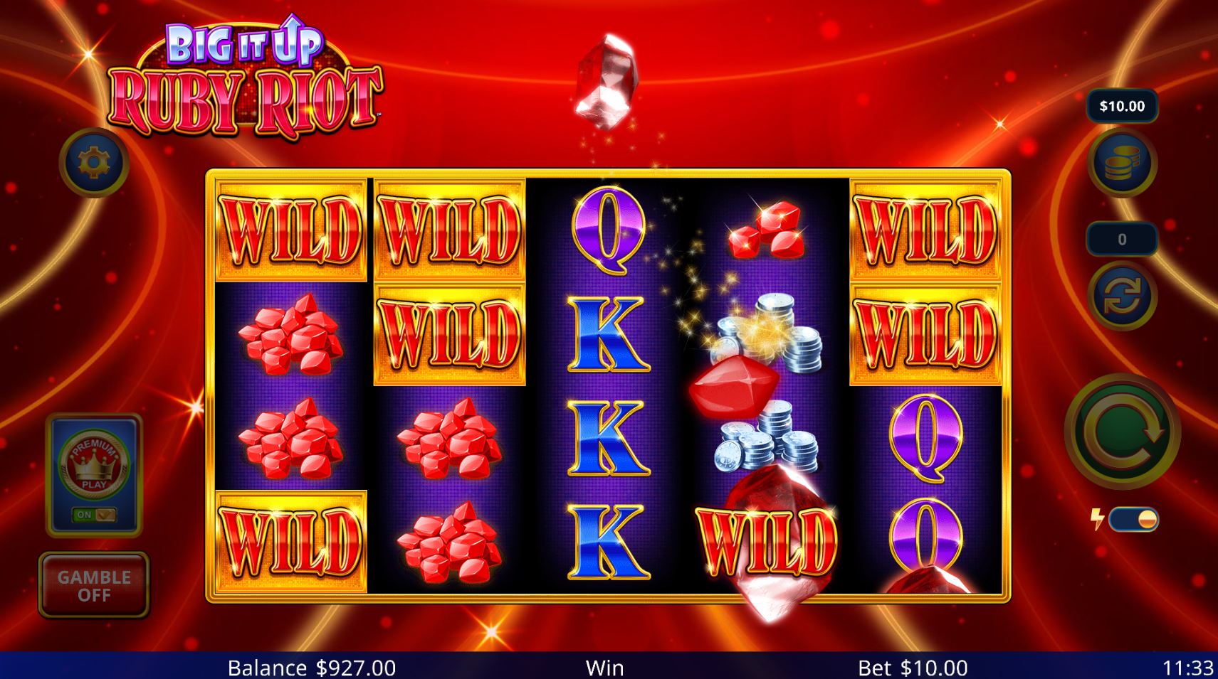 The Giant Ruby modifier activating in Big It Up Ruby Riot, transforming the central reels into fully wild stacks to create a large win.