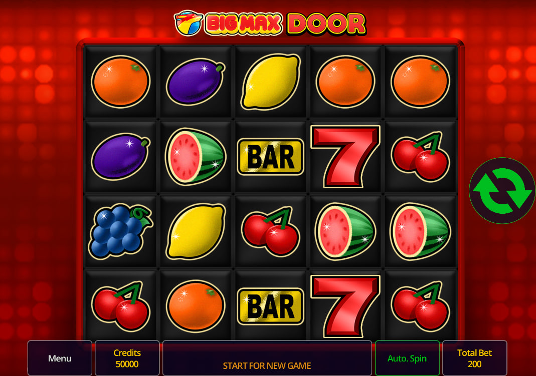 The main 3x3 game grid of the Big Max Door slot, showing classic fruit and BAR symbols, illustrating the simple starting interface for players.