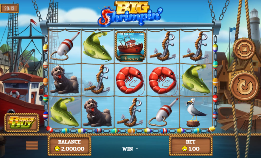 The main 5x3 game grid of Big Shrimpin' showing a winning combination of pelican symbols, illustrating the slot's base gameplay for the player.