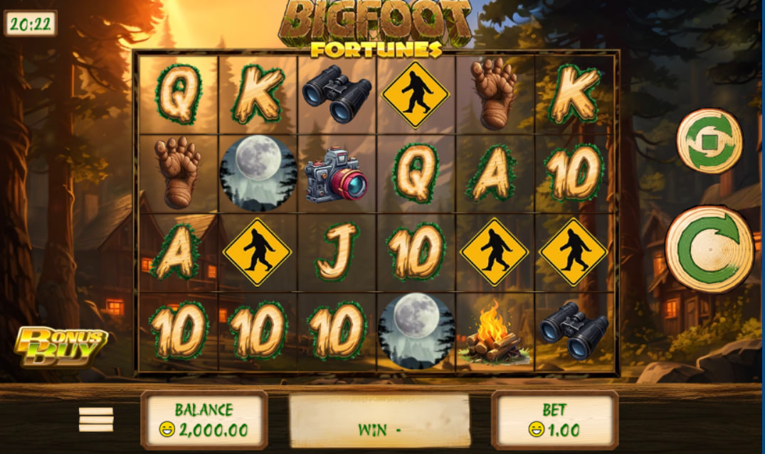 The main 6x4 reel layout of the Bigfoot Fortunes slot, showcasing the forest theme and symbols, demonstrating the game's expansive play area.